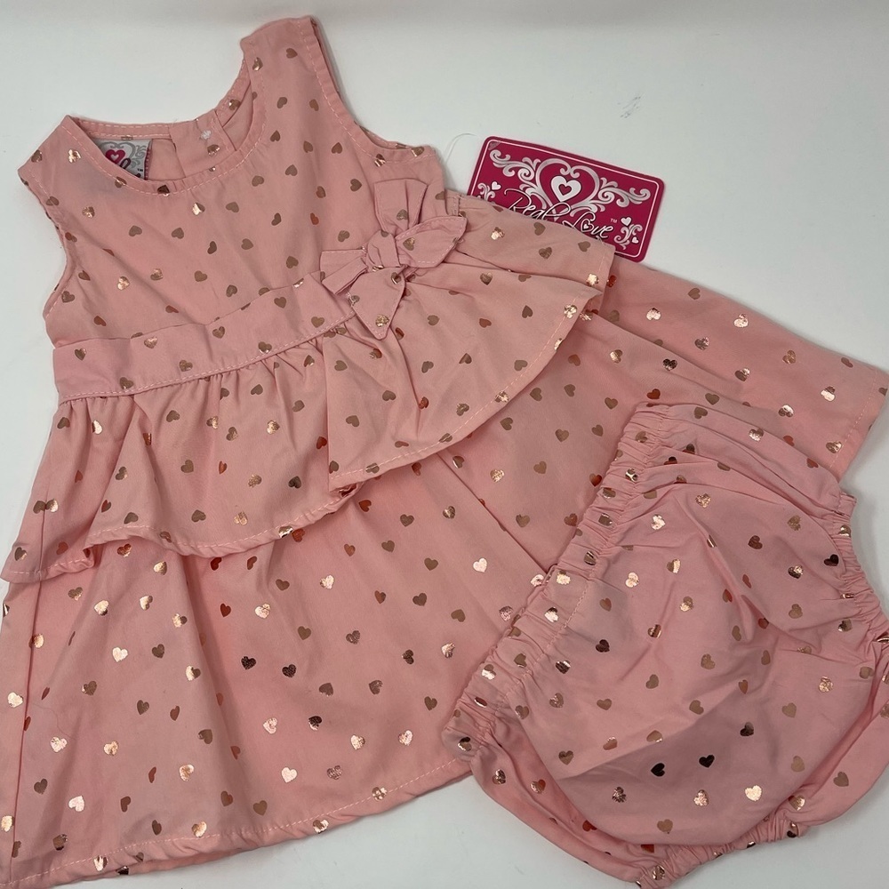 REAL LOVE PINK SHINY HEARTS DRESS & BLOOMERS RUFFLE & BOW SZ 12 MONTHS